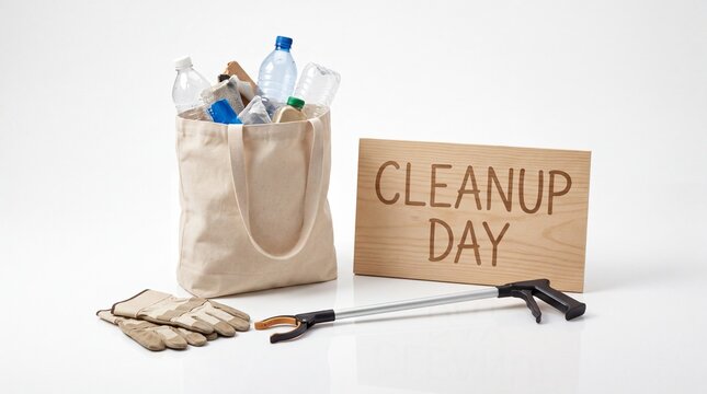 Cleanup Day concept with plastic waste in a canvas bag and trash picker tool on white