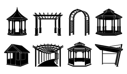 Obraz premium Elegant garden gazebo and pergola silhouette set with diverse architectural structures