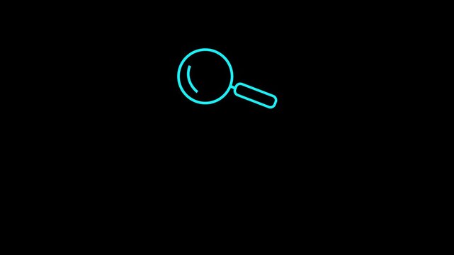 Cyan Neon Magnifying Glass Search Icon Animation on Black Background