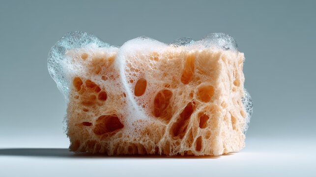 An artistic shot of a soap bubble sponge adorned with bubbly foam, emphasizing textures and the playful nature of cleanliness and relaxation in everyday life.