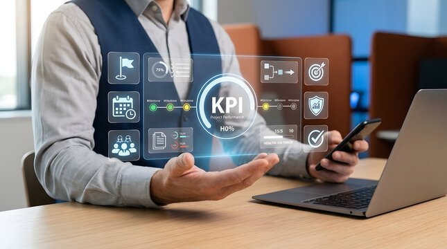 Collection of flat ui icons representing key performance indicators and project management