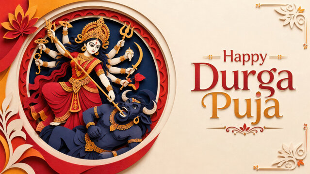 Happy durga puja paper cut style greeting card with goddess durga slaying demon generated using ai