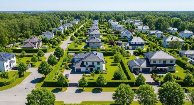 A high angle perspective of a quiet neighborhood with organized streets, suburban homes, green gardens, and paved roads under daylight, bright, suburb, zone