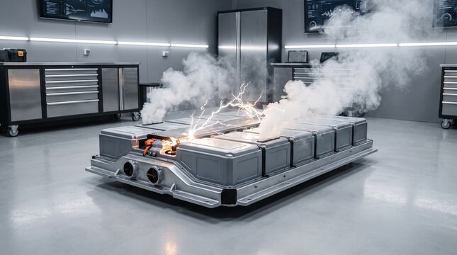 Electric vehicle battery pack experiencing thermal runaway with fire and smoke in a testing laboratory