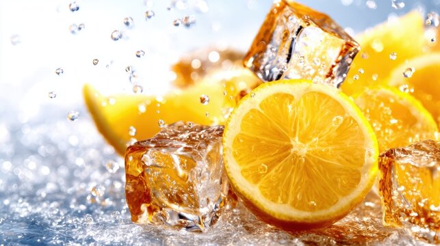 Juicy lemon slices and ice cubes create a vibrant splash, evoking a refreshing summer drink sensation that celebrates zest, freshness, and a delightful coolness.