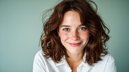 Fototapeta premium A warm portrait of a smiling woman with curly hair, glowing skin, and an inviting expression, radiating joy and capturing the essence of natural beauty and confidence.