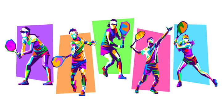 Horizontal vector banner illustration set of tennis players performing various action shots in WPAP pop art style with colorful geometric shapes.