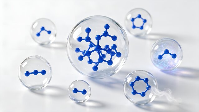 Blue molecular structures floating inside transparent glass spheres against a clean white background captured with sharp focus and cinematic lighting for advanced scientific research concepts