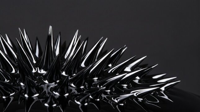 Glossy black ferrofluid spikes reacting to magnetic field isolated on solid dark background