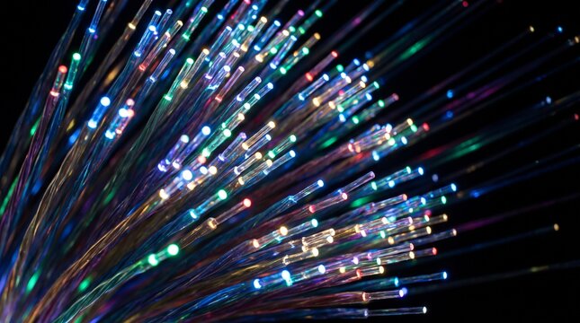Fiber optic cables with glowing colorful light ends for high speed data transmission isolated on black background