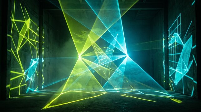 Futuristic laser light show with geometric blue and yellow beams in a dark hazy room