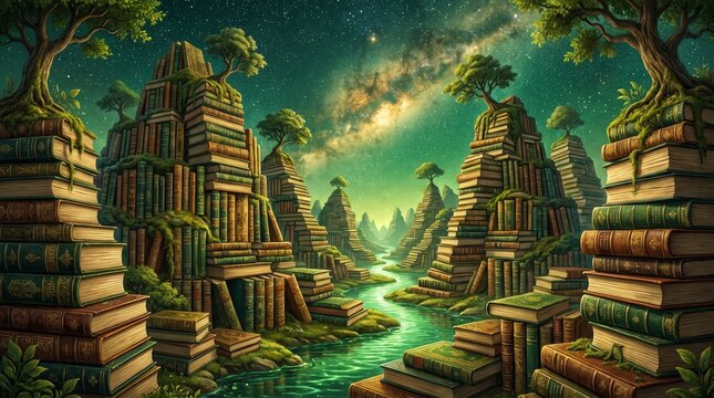 Surreal fantasy landscape featuring mountains made of books and a river under a starry night sky
