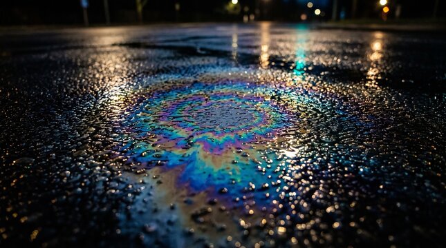 Iridescent oil slick on wet asphalt road at night with rainbow colors