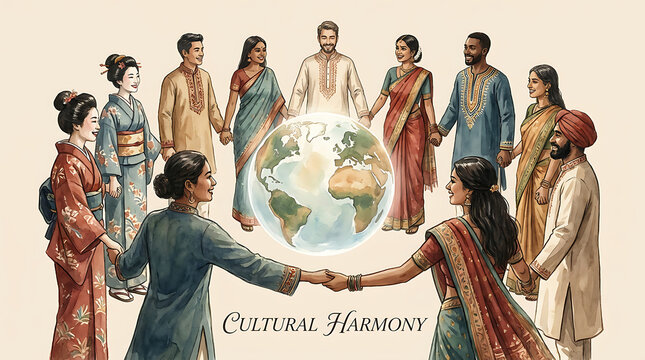 Multicultural people in cultural attire forming a circle of friendship around the planet earth