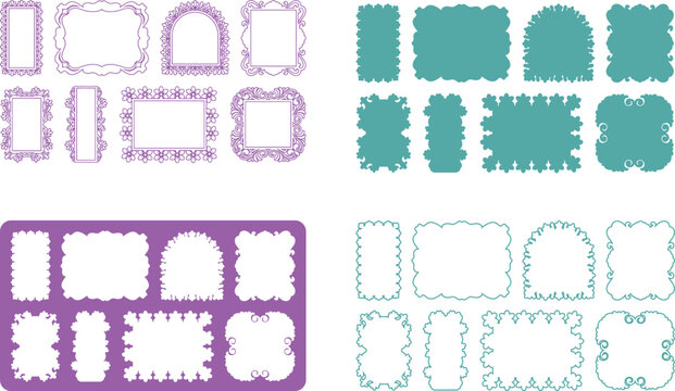 Assorted decorative borders and frames in purple and teal for graphic design elements.