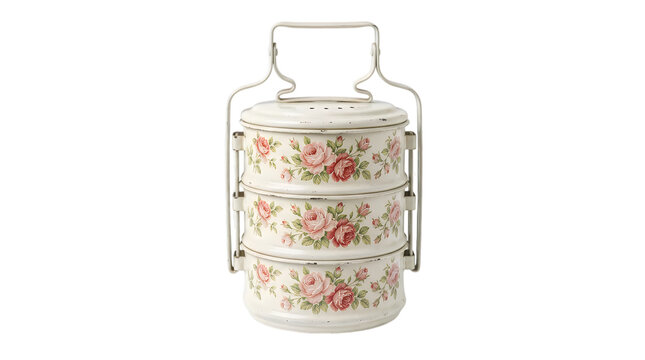 Vintage style floral metal tiffin lunch box carrier isolated on transparent background