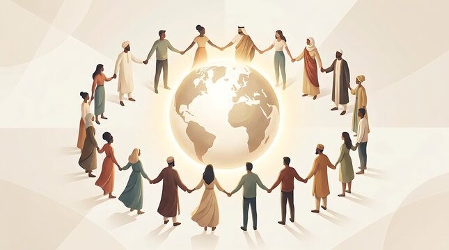 Diverse group of people holding hands in a circle around a glowing globe symbolizing global unity