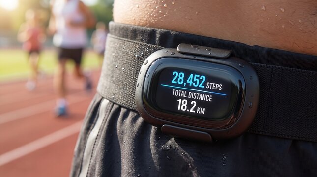 Fitness tracker on runner's waist showing step count and distance on outdoor track