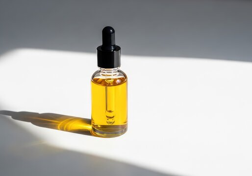 Elegant glass dropper bottle on a smooth white surface with gentle sunlight casting soft shadows for a clean minimalist skincare mockup, spa, template, liquid