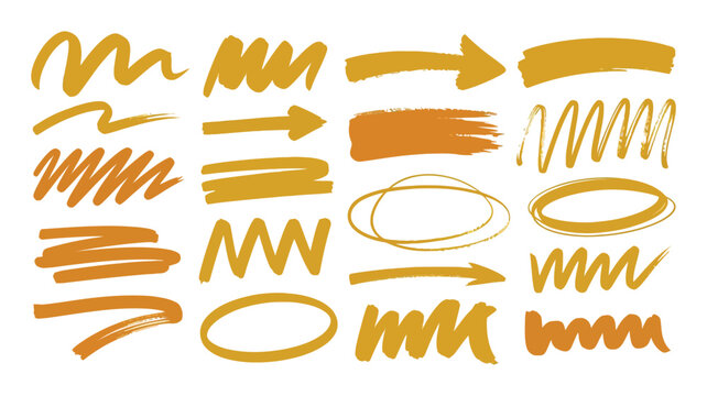 Set of gold handdrawn brush strokes and arrows on white background