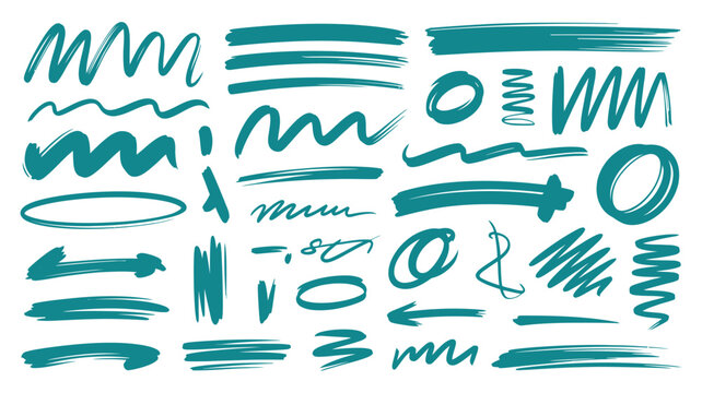 Set of handdrawn teal highlighter strokes and scribble marks for design elements