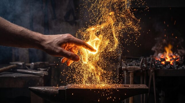 Blacksmith hand touching glowing fire and sparks over anvil in dark forge workshop