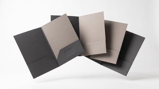 Minimalist floating presentation folders in black and tan, open with business card slots, isolated on white background