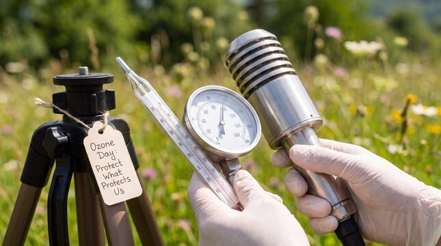 Scientist holding climate monitoring instruments and analog sensors in a field study.