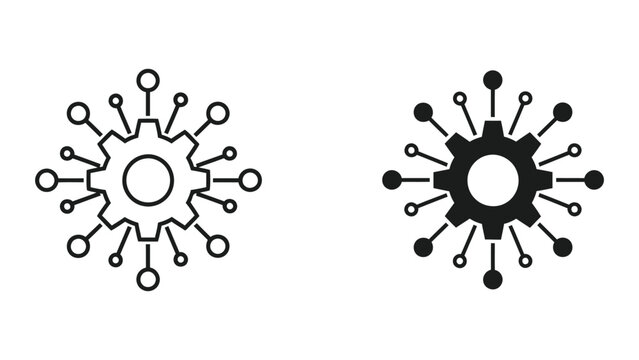 Industrial gear machine cogwheel with network node vector icon set isolated