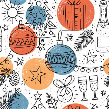 Beautiful seamless pattern design line art of a Christmas tree with balls, a bottle of champagne, a glass and a gift box