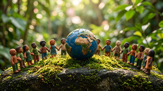 Diverse clay figures hold hands around a miniature Earth, symbolizing global unity and environmental harmony in a lush forest setting