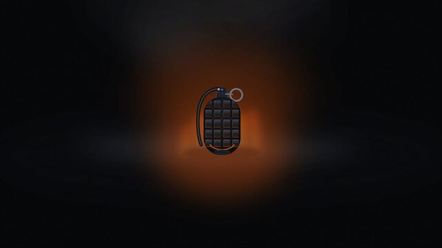 Hand grenade explosion effect with orange fire on black background. 4K Video