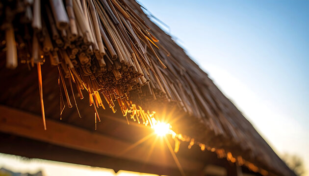 Close up of a thatched roof made of dried reeds with golden sunlight shining through the gaps during a bright clear blue sky afternoon