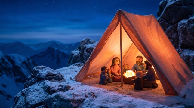 Nativity scene with holy family inside a glowing tent on a snowy mountain peak at night