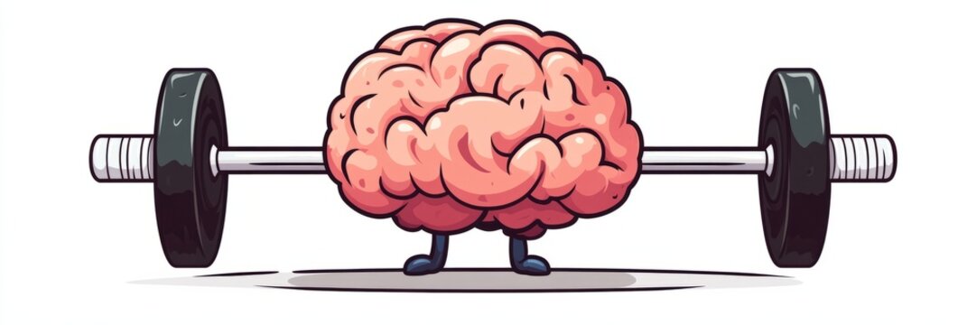 Cartoon illustration of a muscular brain lifting a heavy barbell, showcasing strength and fitness, symbolizing mental power and physical training in a fun and engaging manner