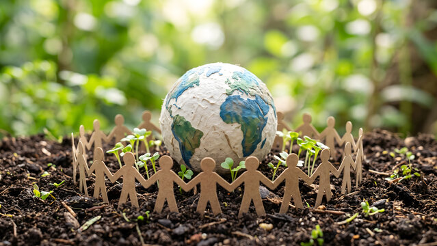Paper people holding hands around earth globe in soil representing global unity and conservation
