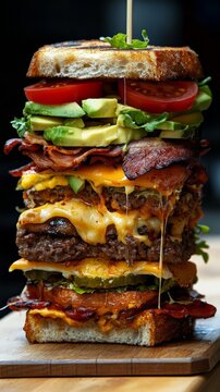 Towering gourmet burger stacked high with layers of crispy bacon, fresh lettuce, ripe tomatoes, melted cheese, and juicy beef patties, showcasing indulgent culinary artistry and vibrant colors