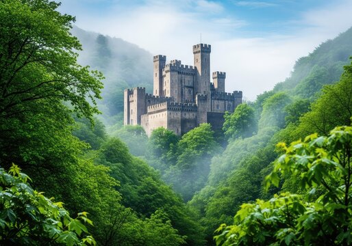 Majestic ancient stone castle with tall towers and battlements nestled deep within a lush green woodland during a foggy and misty morning, walls, spruce, green