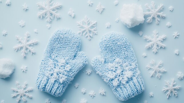 Blue knit mittens adorned with snowflakes are arranged amidst a flurry of white winter decorations, evoking a cozy, seasonal feel