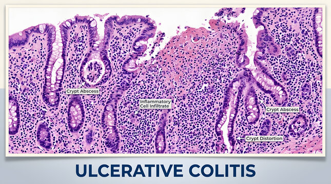 Ulcerative colitis medical illustration showing mucosal layer inflammation and ulcers