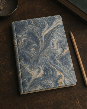 Notebook with a blue and beige marbled pattern cover, lying on a dark wooden surface next to a plain wooden pencil and a metal bowl rim