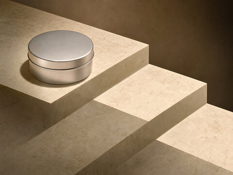 A small round silver metal tin container sitting on a stepped beige stone platform with dramatic sunlight and deep shadows in the scene