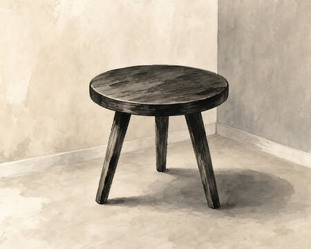 Small round wooden stool with three legs, positioned in the corner of a room with beige walls and a concrete floor, minimalist furniture piece