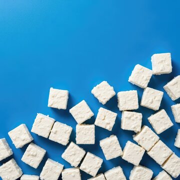 Square cubes of white feta cheese scattered on a vibrant blue surface with ample copy space for culinary designs or food advertisements, curd, healthy, colorful