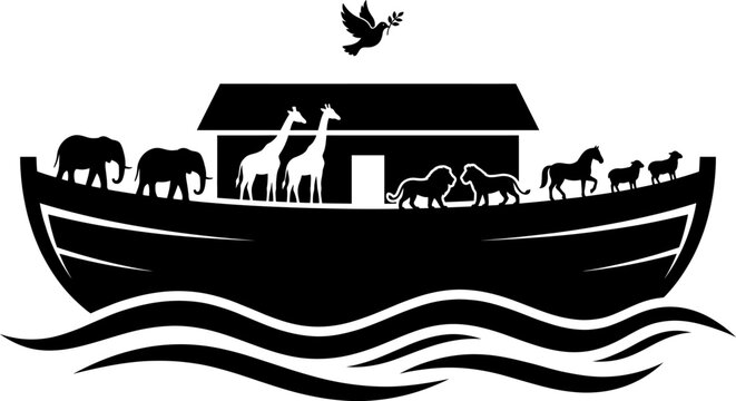 Noah s ark silhouette with animals and dove black and white graphic
