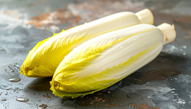 Two fresh heads of belgian endive with pale yellow leaves and white stems, resting on a dark, wet, textured stone surface with water drops