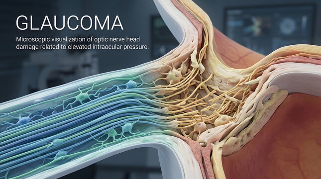 Glaucoma medical illustration showing increased eye pressure and optic nerve damage