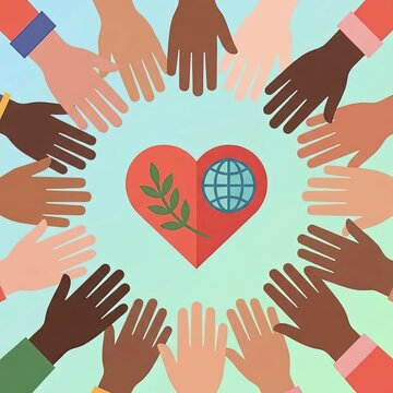 Diverse hands surrounding a heart with globe and olive branch