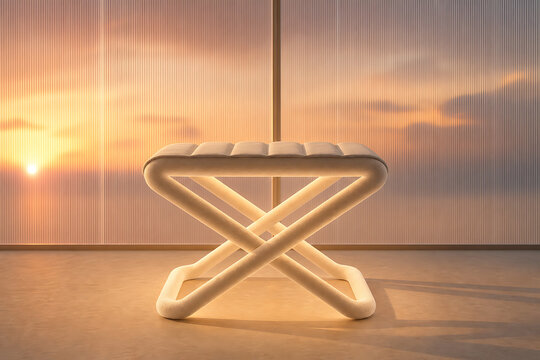 White upholstered stool with a geometric x-shaped frame illuminated by soft light in front of a window at sunset with orange sky glow