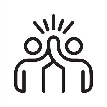 Outline icon two people give high-five or people together holding hands with their hands raised up. Line sign friendly greeting, volunteers, teamwork and support. Vector isolated pictogram.